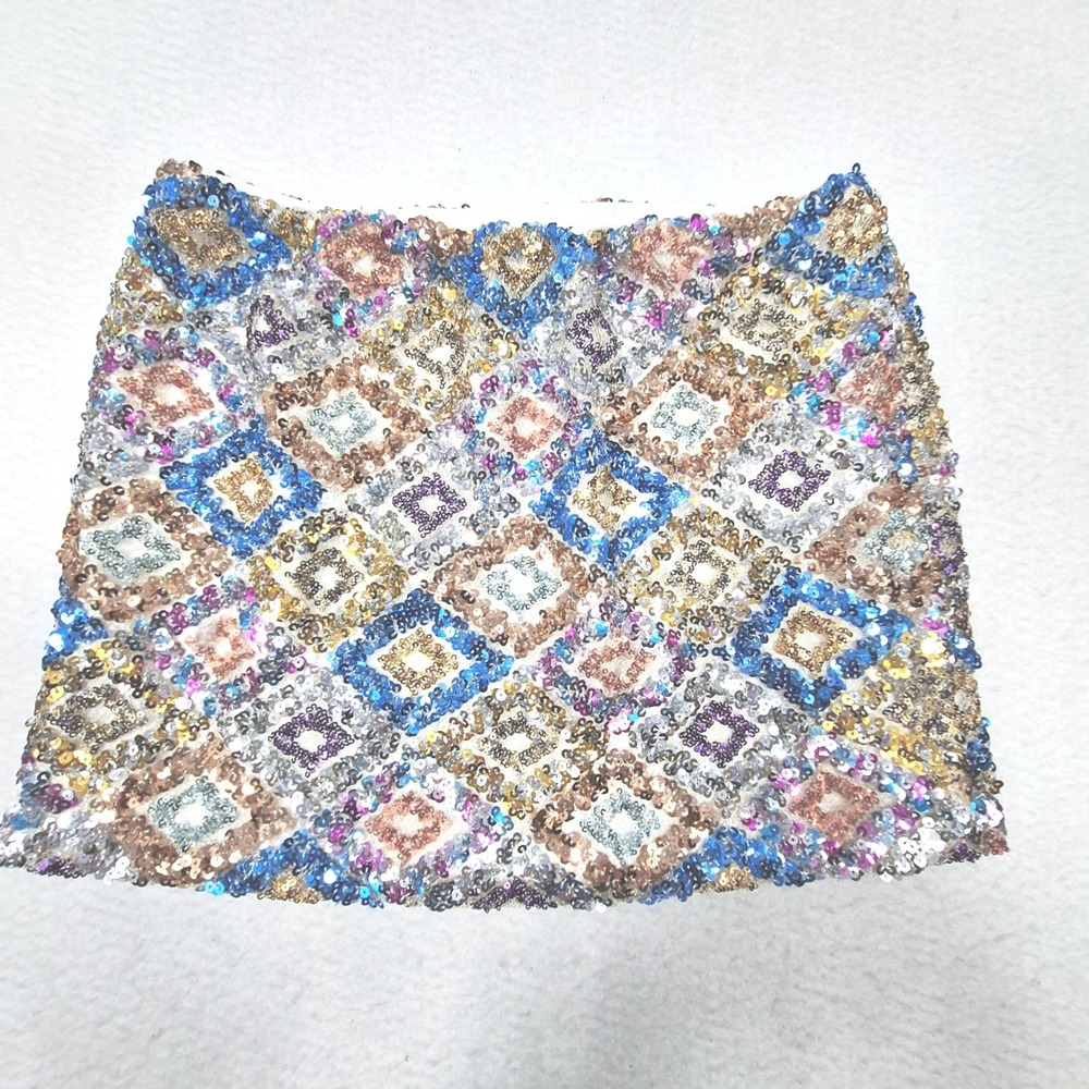Sequin Mini Skirt Womens Medium‎ Blue Pink Gold Silver Geometric Diamond Sparkle